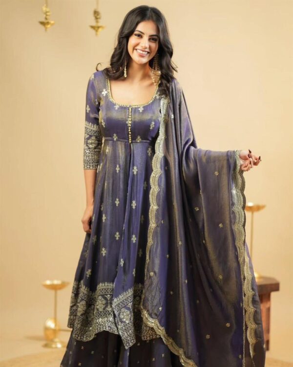 Buy Shimmer Silk Embroidered Suit with Lehenga & Dupatta Set - Image 5