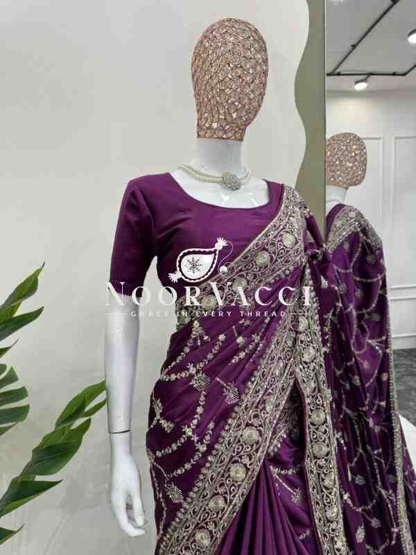 Japan Satin Silk Saree with Thread & Sequin Work and Matching Blouse - Image 2