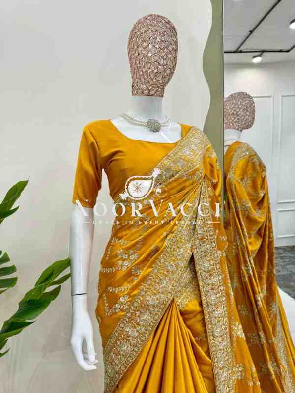 Japan Satin Silk Saree with Thread & Sequin Work and Matching Blouse - Image 3