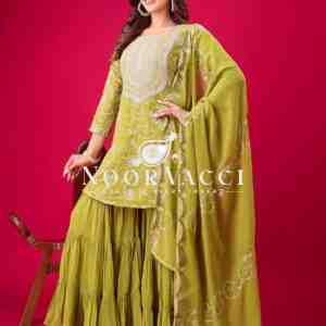 Designer Georgette Top-Sharara & Dupatta Set with Heavy Embroidery