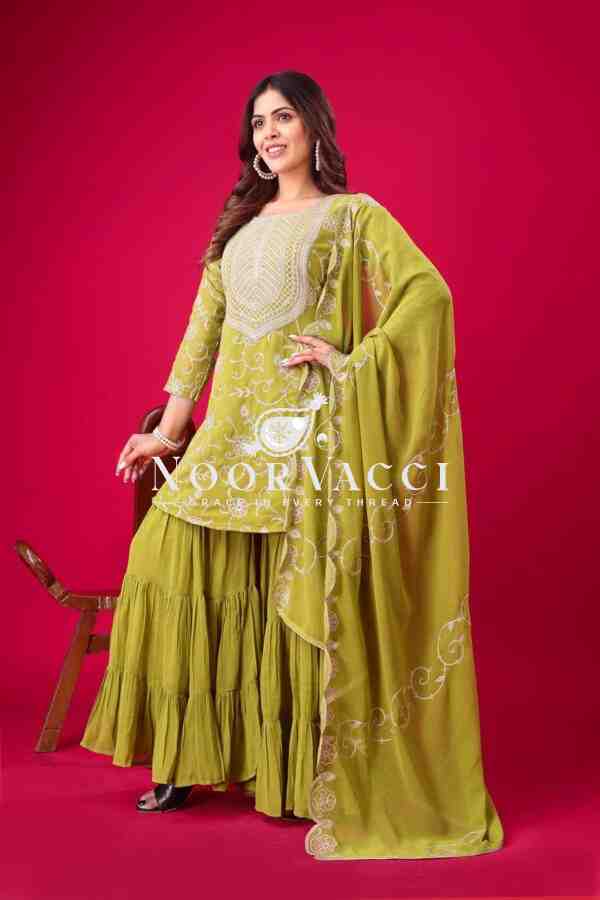 Designer Georgette Top-Sharara & Dupatta Set with Heavy Embroidery
