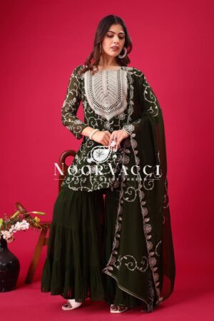 Shop Designer Georgette Top-Sharara & Dupatta Set with Heavy Embroidery
