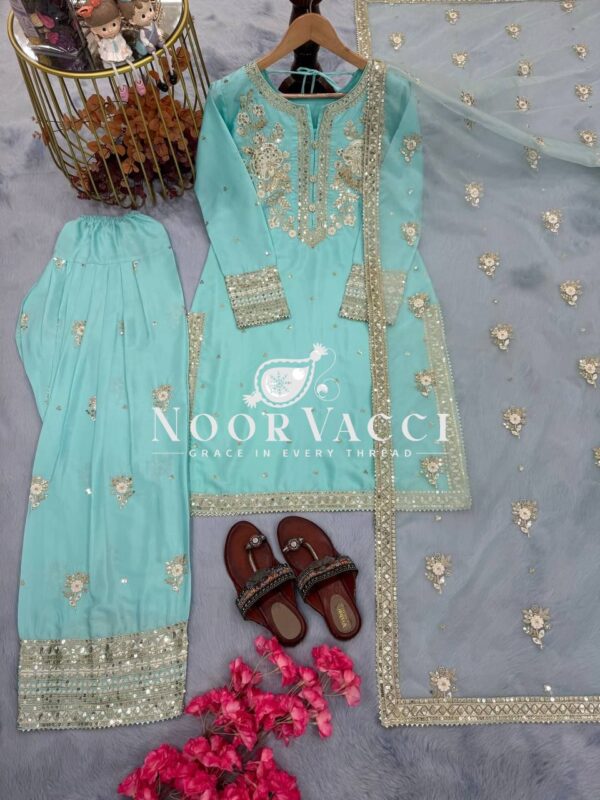 Buy Natural Crepe Embroidered Farshi Palazzo Set with Dupatta - Image 9