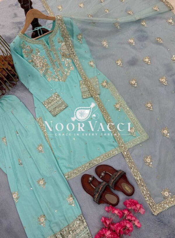 Buy Natural Crepe Embroidered Farshi Palazzo Set with Dupatta - Image 10