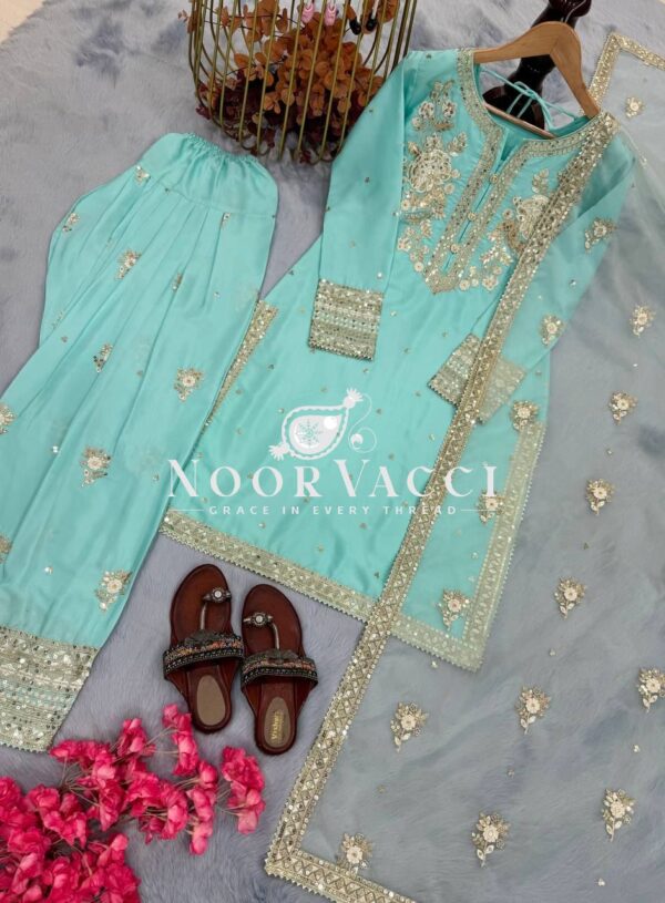 Buy Natural Crepe Embroidered Farshi Palazzo Set with Dupatta - Image 11