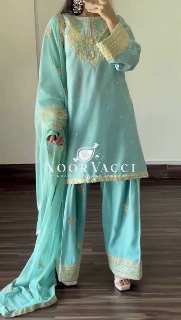Buy Natural Crepe Embroidered Farshi Palazzo Set with Dupatta - Image 8