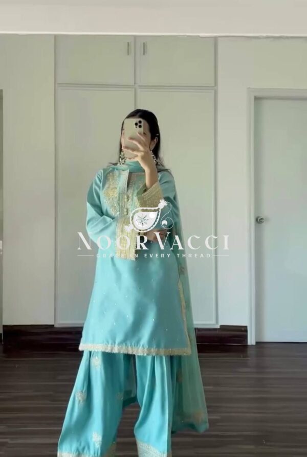Buy Natural Crepe Embroidered Farshi Palazzo Set with Dupatta - Image 3