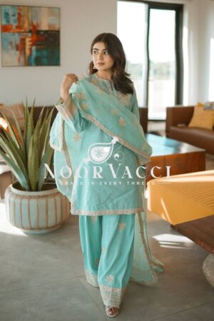 Buy Natural Crepe Embroidered Farshi Palazzo Set with Dupatta