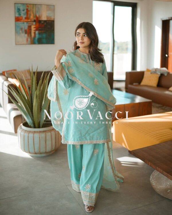 Buy Natural Crepe Embroidered Farshi Palazzo Set with Dupatta
