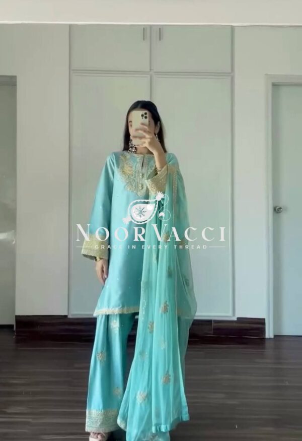 Buy Natural Crepe Embroidered Farshi Palazzo Set with Dupatta - Image 7