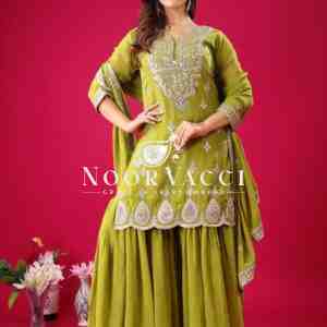 Designer Chinon Silk Top-Sharara & Dupatta Set with Embroidery Work