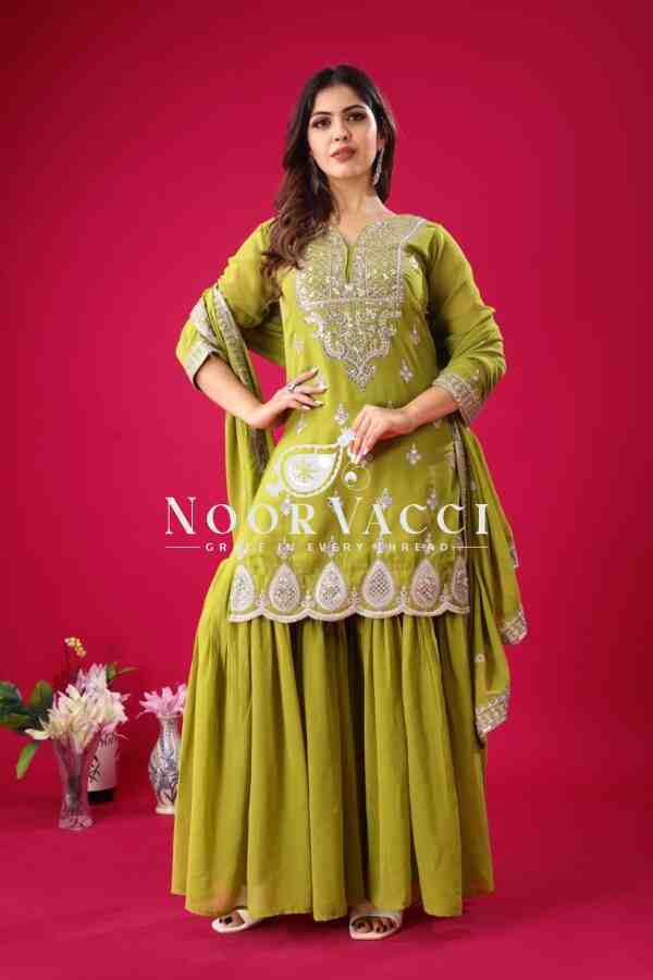 Designer Chinon Silk Top-Sharara & Dupatta Set with Embroidery Work
