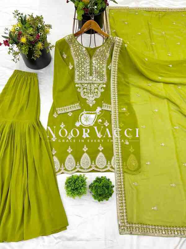 Designer Chinon Silk Top-Sharara & Dupatta Set with Embroidery Work - Image 7