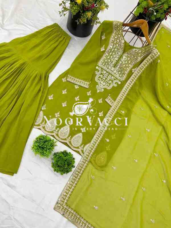 Designer Chinon Silk Top-Sharara & Dupatta Set with Embroidery Work - Image 6