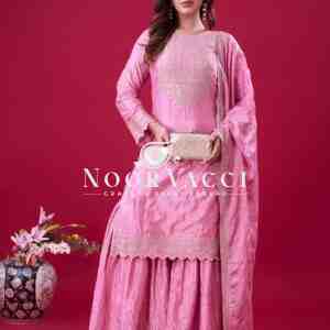 Designer Chinon Silk Top-Sharara & Dupatta Set with Embroidery Work
