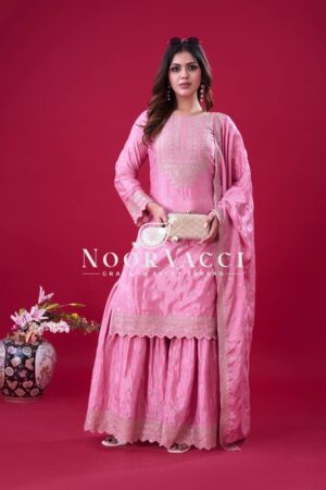 Buy Designer Chinon Silk Top-Sharara & Dupatta Set with Embroidery Work