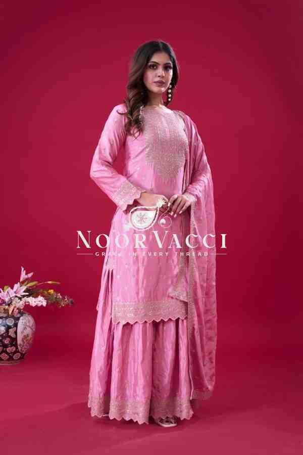 Designer Chinon Silk Top-Sharara & Dupatta Set with Embroidery Work - Image 2