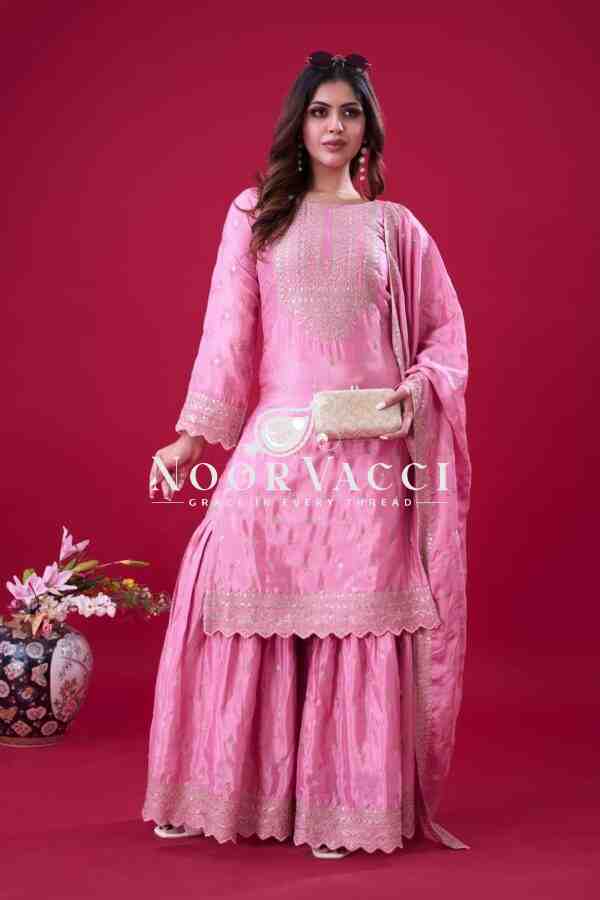Designer Chinon Silk Top-Sharara & Dupatta Set with Embroidery Work - Image 4