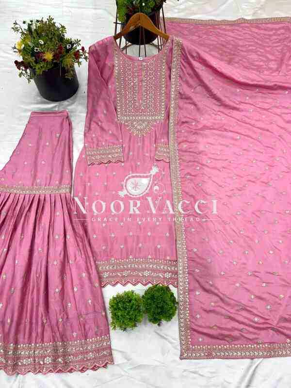 Designer Chinon Silk Top-Sharara & Dupatta Set with Embroidery Work - Image 5