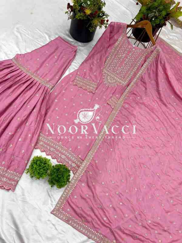 Designer Chinon Silk Top-Sharara & Dupatta Set with Embroidery Work - Image 6