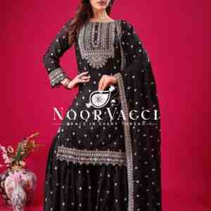 Designer Chinon Silk Top-Sharara & Dupatta Set with Embroidery Work