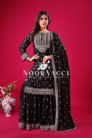 Shop Designer Chinon Silk Top-Sharara & Dupatta Set with Embroidery Work