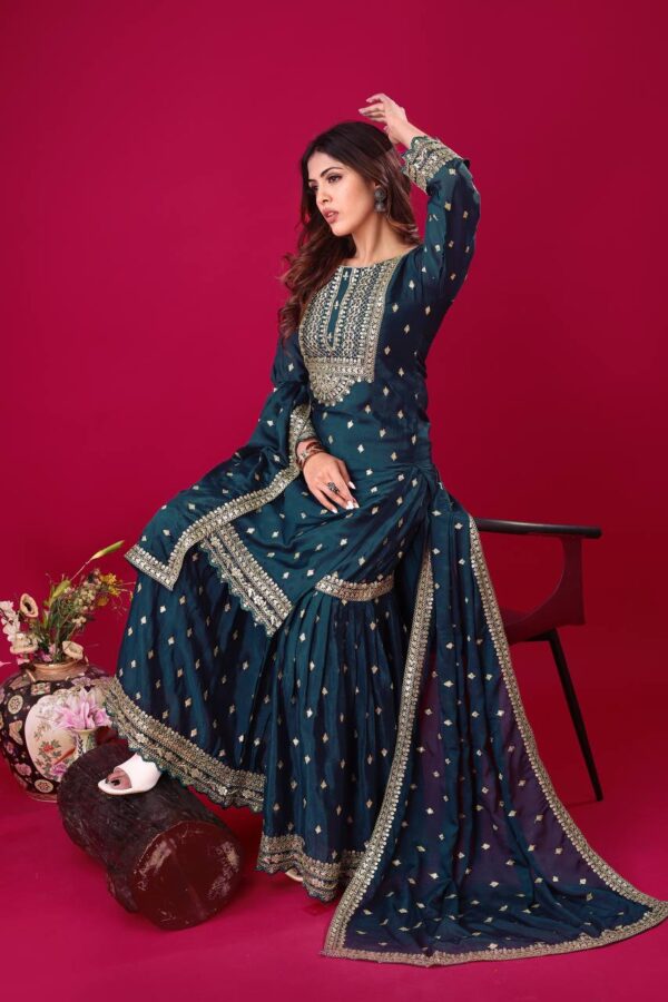Shop Designer Chinon Silk Top-Sharara & Dupatta Set with Embroidery Work - Image 2