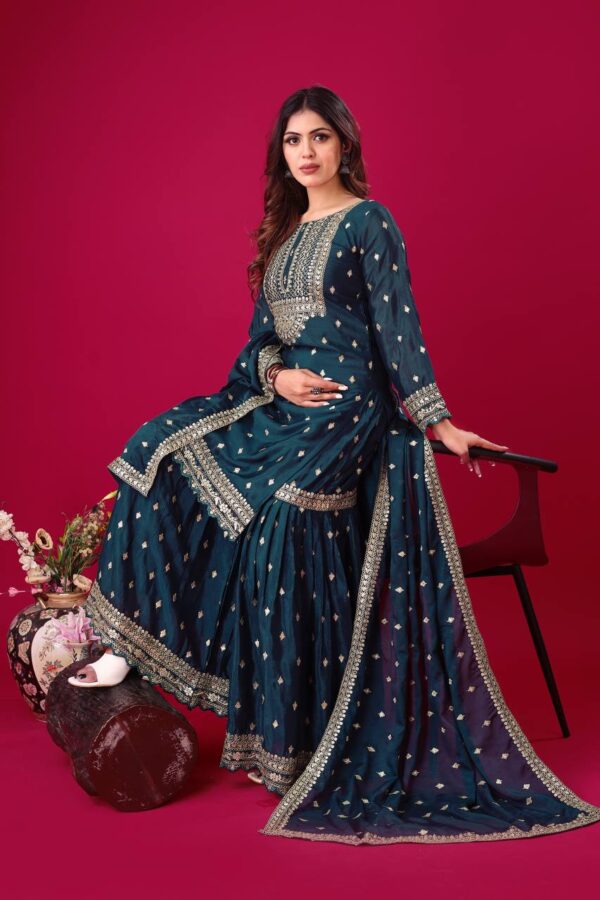 Shop Designer Chinon Silk Top-Sharara & Dupatta Set with Embroidery Work - Image 3