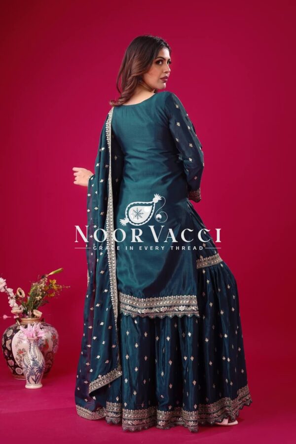 Shop Designer Chinon Silk Top-Sharara & Dupatta Set with Embroidery Work - Image 4