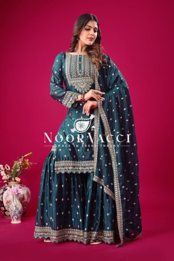 Shop Designer Chinon Silk Top-Sharara & Dupatta Set with Embroidery Work