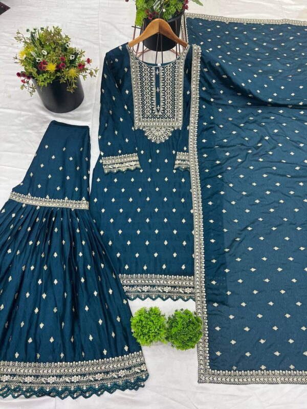 Shop Designer Chinon Silk Top-Sharara & Dupatta Set with Embroidery Work - Image 5