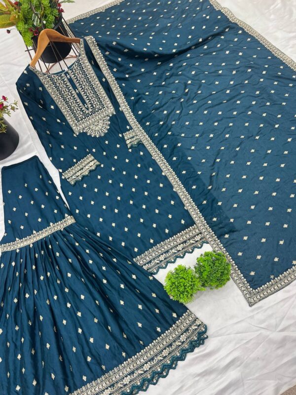 Shop Designer Chinon Silk Top-Sharara & Dupatta Set with Embroidery Work - Image 6