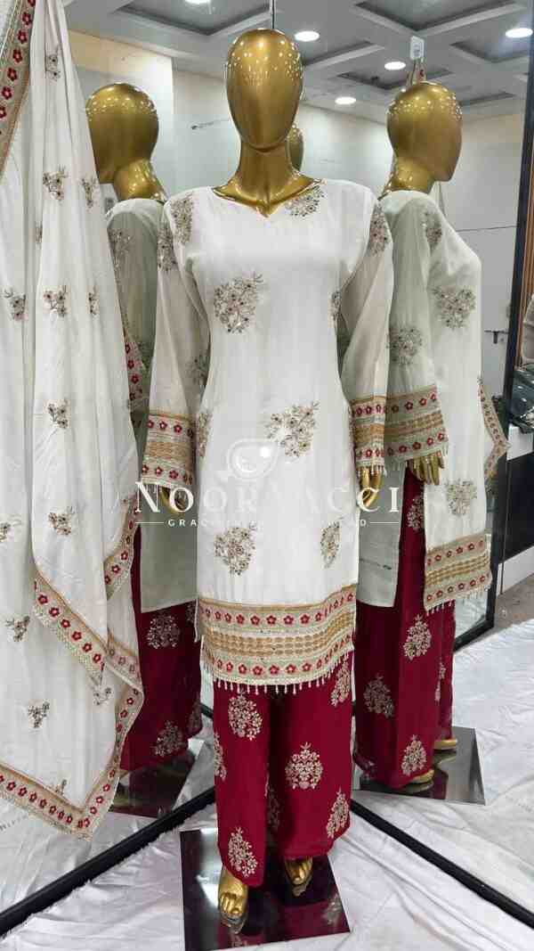 Designer Chinnon Silk Embroidered Top-Bottom & Dupatta Set - Image 3