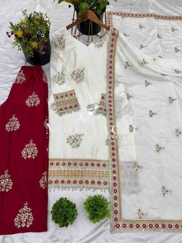 Designer Chinnon Silk Embroidered Top-Bottom & Dupatta Set - Image 4