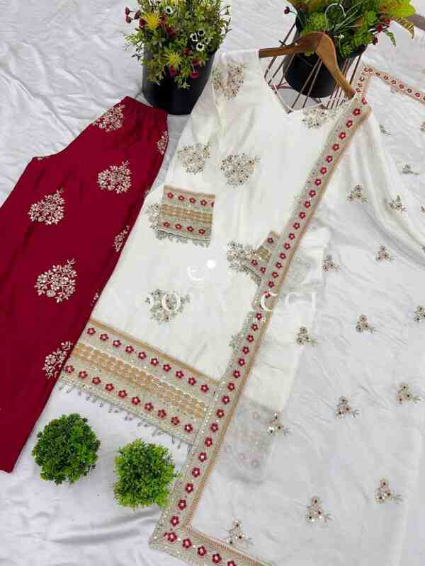 Designer Chinnon Silk Embroidered Top-Bottom & Dupatta Set - Image 6