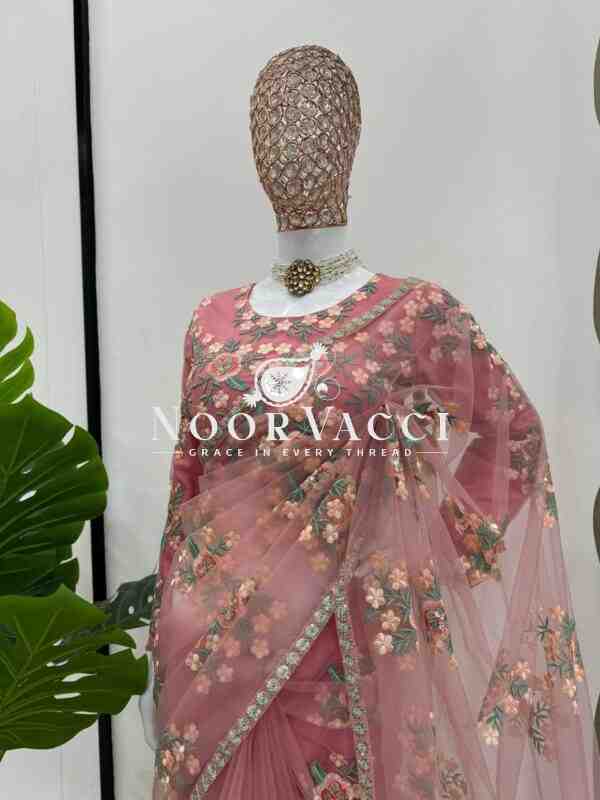 Soft Net Designer Saree with Thread and Sequin Work - Image 5