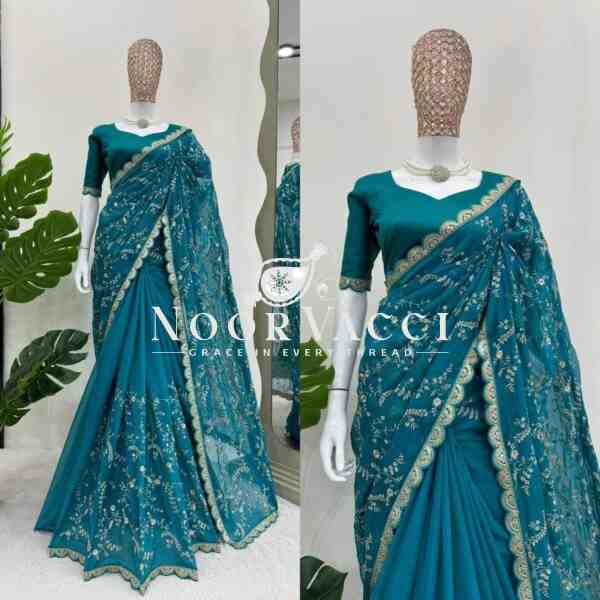 Heavy Tibby Silk Saree with Coding and Sequence Embroidery - Image 2
