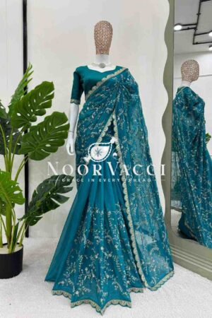 Buy Heavy Tibby Silk Saree with Coding and Sequence Embroidery