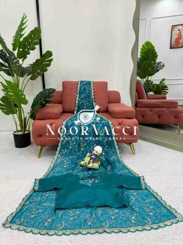Heavy Tibby Silk Saree with Coding and Sequence Embroidery - Image 4