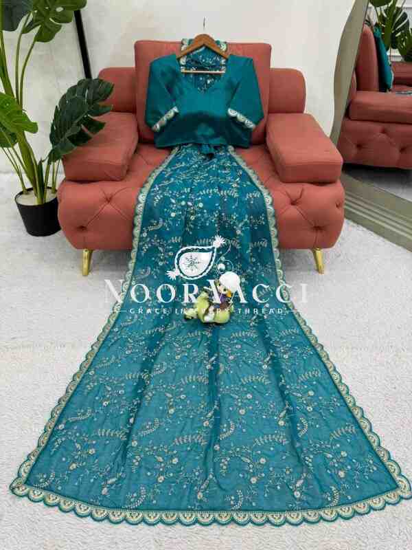 Heavy Tibby Silk Saree with Coding and Sequence Embroidery - Image 5