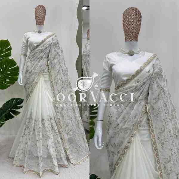 Heavy Tibby Silk Saree with Coding and Sequence Embroidery - Image 2