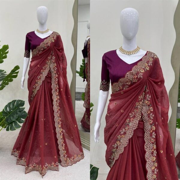 Buy Crunchy Silk Designer Saree with Thread and Sequence Embroidery - Image 2