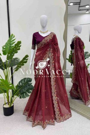 Buy Crunchy Silk Designer Saree with Thread and Sequence Embroidery