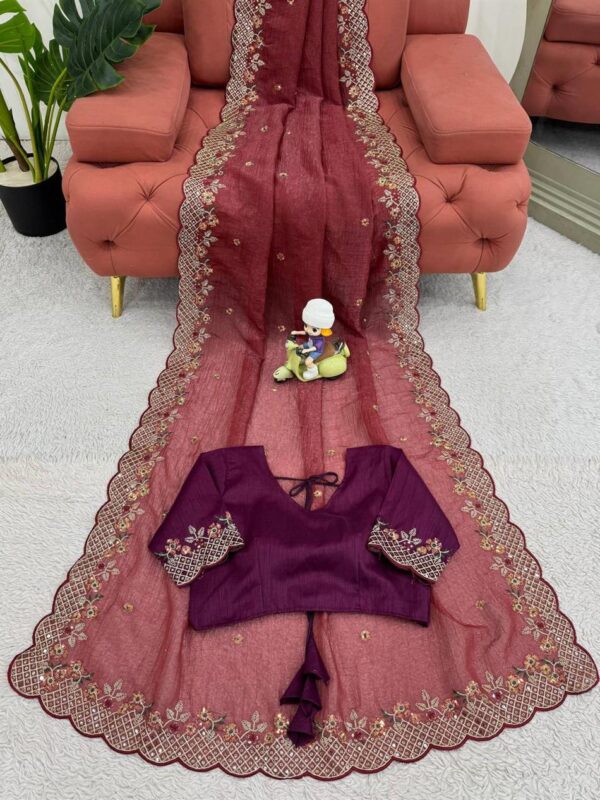 Buy Crunchy Silk Designer Saree with Thread and Sequence Embroidery - Image 5