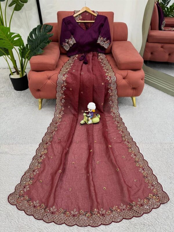 Buy Crunchy Silk Designer Saree with Thread and Sequence Embroidery - Image 6