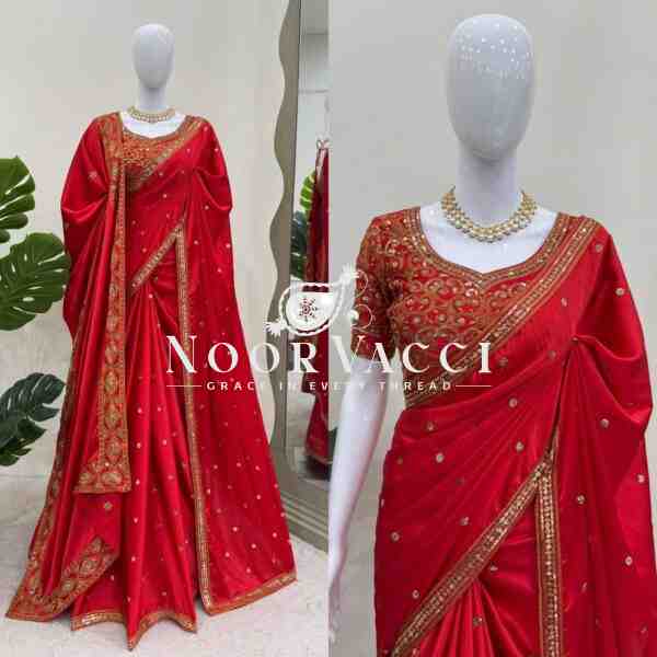 Japan Satin Silk Designer Saree with Blouse & Dupatta – Embroidered with Thread and Sequence - Image 4