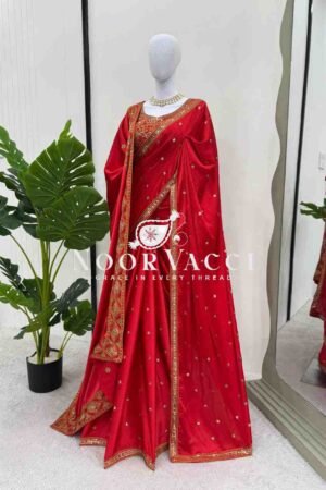 Buy Japan Satin Silk Designer Saree with Blouse & Dupatta – Embroidered with Thread and Sequence