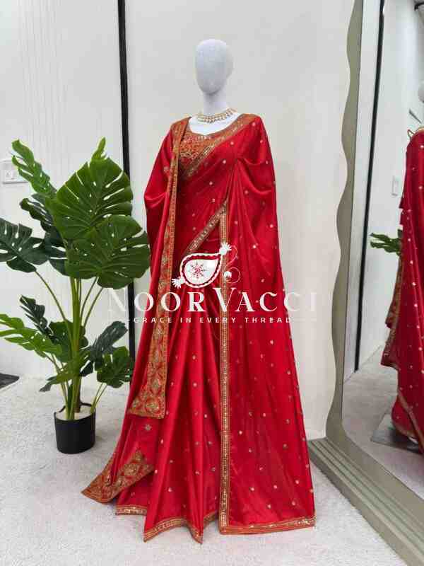 Japan Satin Silk Designer Saree with Blouse & Dupatta – Embroidered with Thread and Sequence
