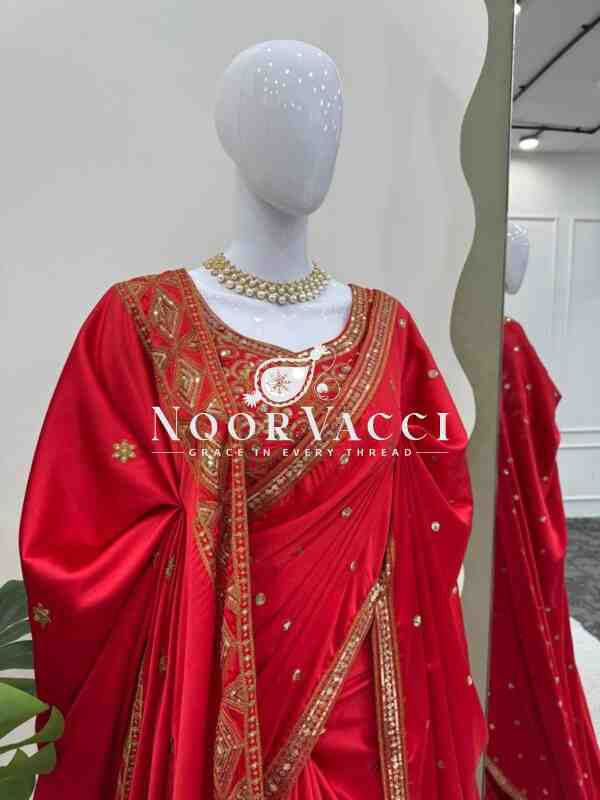 Japan Satin Silk Designer Saree with Blouse & Dupatta – Embroidered with Thread and Sequence - Image 5