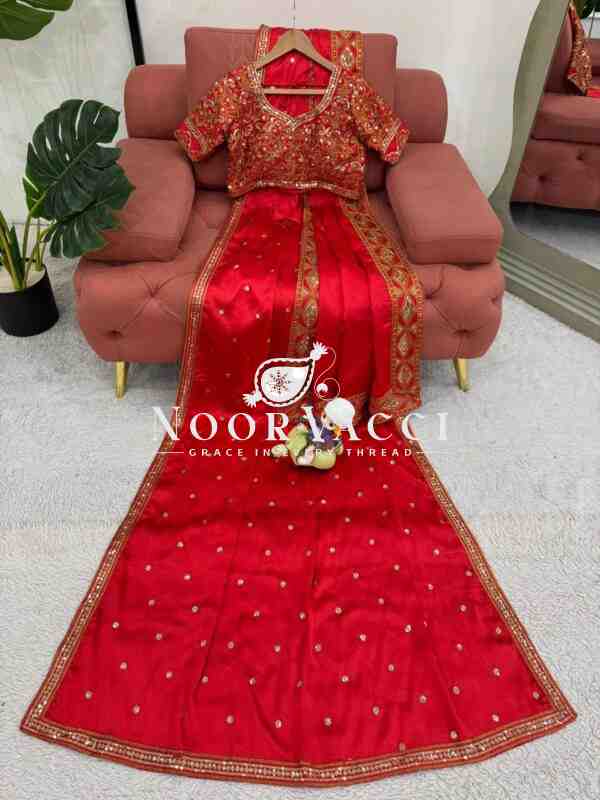 Japan Satin Silk Designer Saree with Blouse & Dupatta – Embroidered with Thread and Sequence - Image 8
